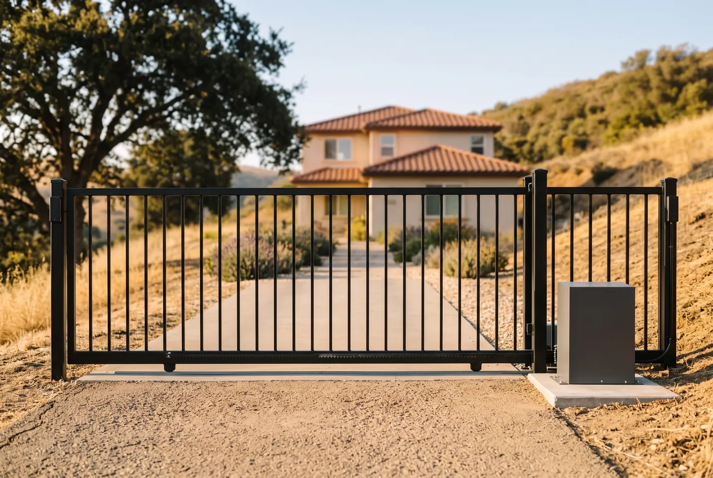 Rendering of a black steel slide gate closed across a drive, with a gray operator box on a small concrete pad and a toothed rack along the bottom rail
